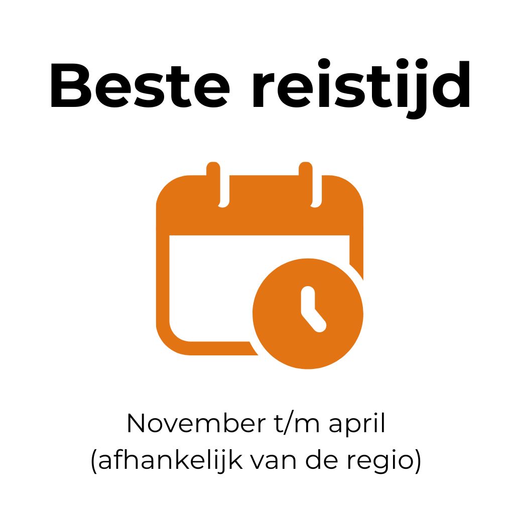 Infographic met kalenderpictogram die aangeeft dat de beste reistijd voor Mexico van november tot en met april is, afhankelijk van de regio.